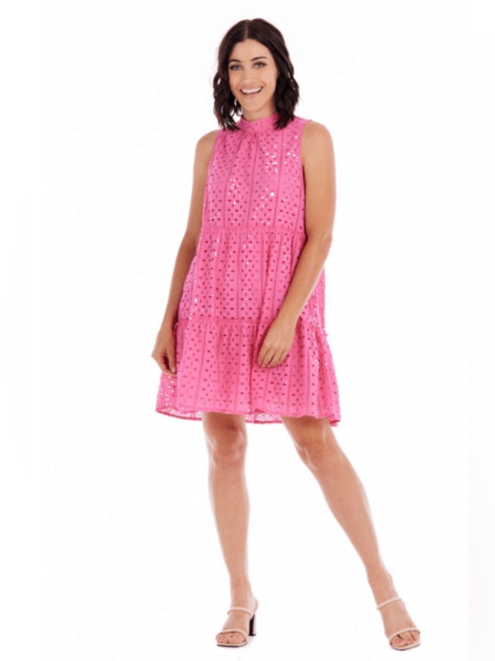 Mud Pie Biles Eyelet Dress Pink Size M NWT Sleeveless Tiered Mini